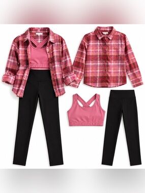 Girls Pink Plaid Shirt & Active Set with Black Leggings